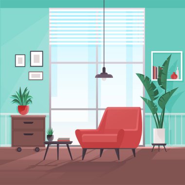 Interior design living room. Furniture in regular home with no people. Plants, chair, chest of drawers, shelf on wall and interior elements. Armchair red fabric. Hanging lamp, window on green wall