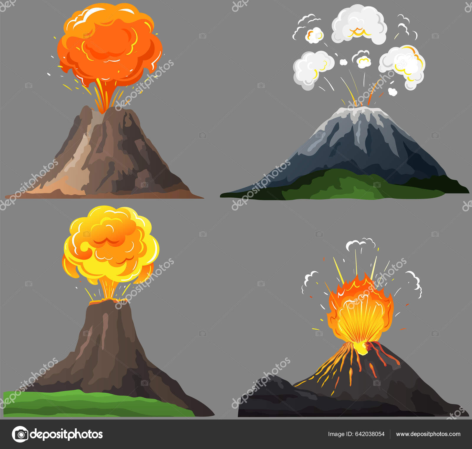 분화가 시작되었다 뜨겁게 타오르는 마그마가다가 용암이 튀기고 퍼지는 지질학 활동에 스톡 벡터 - ©robuart 642038054, image size:1600x1522