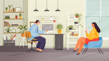 Team of people sitting at desk, working together, discussing start-up. Meeting of colleagues in office. Coworking, teamwork concept. Employees working under business project, discuss current issues