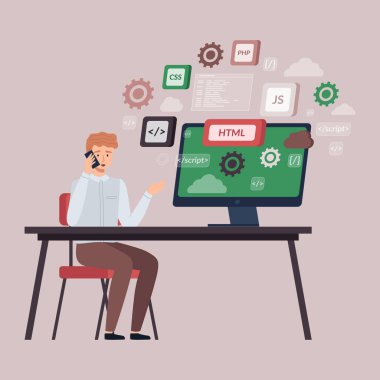 Programmer doing programming languages design and program code on screen, talking on phone. Software, web development. Technology process of information script. Business information coding for website