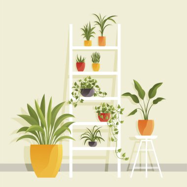 Rack with green plants in pots for living room interior. Modern cozy and stylish apartment element furniture and house plants for office decoration. Lounge with decorative shelves potted flowers