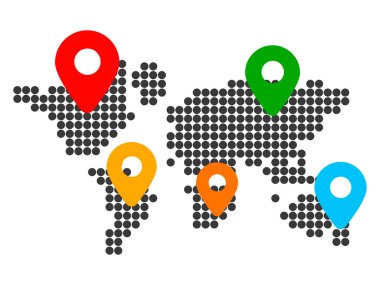 Map with location pointers, continents with countries and geotag. Connection and international communication worldwide. Delivery in different country. Geolocation signs, navigation gps locator
