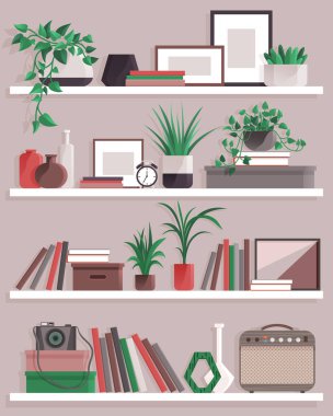 Book shelves with colorful objects. Cartoon design style bookshelves with different potted plants boxes and books. Home library on wall. Hanging shelf with decorations. Office or home furniture