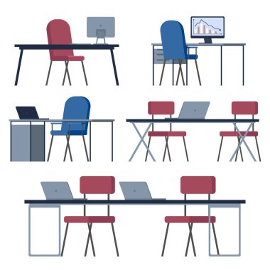 Creative office co-working center, university campus, modern workplace with desk and computer. Coworking area office interior empty no people open space room with furniture table. chair and laptop