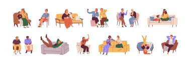 Happy smiling people sitting on sofas and chairs set. Happiness emotions. Funny laughing man and woman showing positive gestures. Happy male and female different lucky characters with pets at home