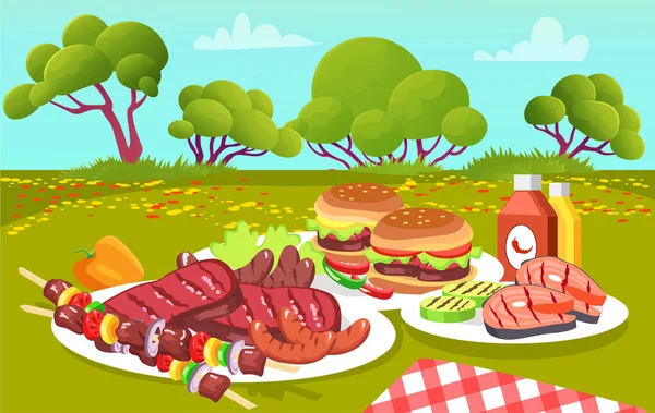 Mooie Zomer Picknick Scene Trendy Cartoon Stijl Vectorhamburgers Gebakken Vis — Stockvector