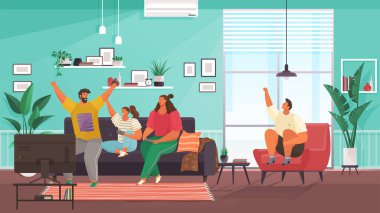 Family spending leisure time together. Mother, father, daughter and son playing board game at living room. Stay at home with children. Parenting and daycare. Happy smiling family members at cozy home