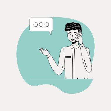 Young man standing and talking on smartphone, businessman speaking using his mobile phone with speech bubble. Successful happy manager talking on cell phone. Modern communication with gadget