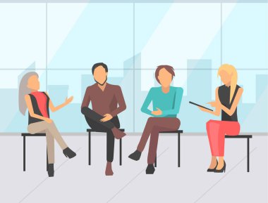 Şirket temsilciliğinde iş görüşmesi. Kadın ve erkek sorular soruyor. Panodan okuma listesi, cevap veren işçiler. Konuşma etkileşimi