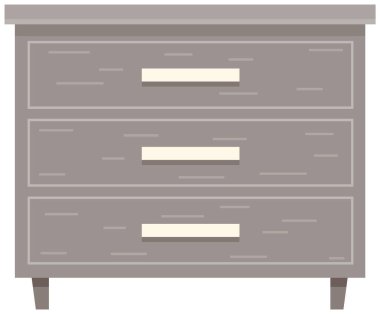 Yatak odası komodininin vektör çizimi. Yatak odası için düz dizaynlı ahşap komodin. Beyaz arka planda rafları ve çekmeceleri olan bir komodin. Çizgi film mobilyası veya dekorasyon simgesi