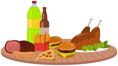 Fast food sofrası hazır. Klasik peynirli burger, ızgara et, patates kızartması, ızgara tavuk ve sosis, sosisli, pizza ve meşrubat. Yağlı, sağlıksız, yüksek kalorili yiyecekler beyaza izole edilmiş.