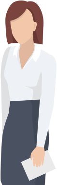 İş kadını iş kıyafetleri giyiyor. Beyaz üzerine izole edilmiş ofis kıyafetli bir kadının vektör çizimi. Kadın karakter öğretmeni veya yönetici avatar. Yarı boy simge iş adamı sekreteri