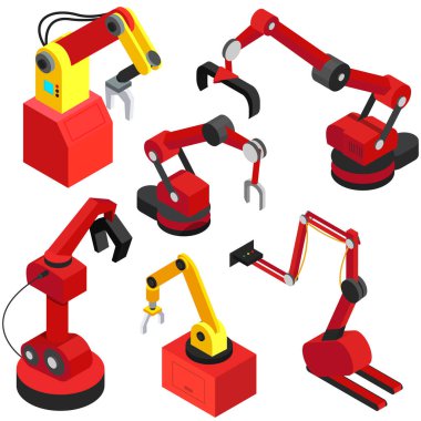 Beyaz arka planda izole edilmiş robot kollar. Mekanik eller vektör çizimi. Fabrikadaki modern teknik manipülatörler. Üretimde çalışmak için ekipman. Paketleri yüklemek için teknik aygıtlar