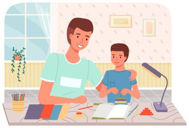 Baba ve oğul DIY yapıyorlar. Baba ve çocuk birlikte yaratıcı işler yapıyorlar. Yaratıcı aile eğlencesi. Erkekler kağıt işiyle uğraşır, yapıştırır ve makasla keser. Çocuk sahibi ebeveyn yaratıcı bir şekilde zaman geçirir