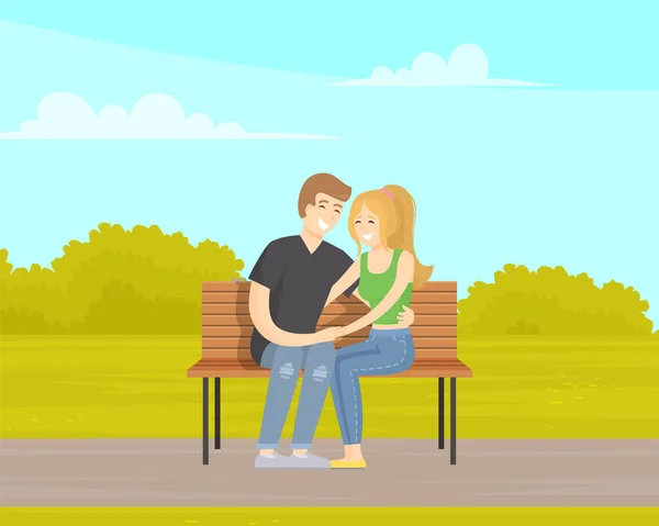 情侣们坐在外面的长椅上约会 春天的时候 女孩和男孩都会呆在公园里 年轻卡通人物的传奇 女人看起来爱上了男人 亲戚们在花园里拥抱 — 图库矢量图片