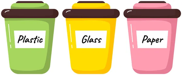 Clasificación Basura Diferentes Contenedores Reciclaje Color Con Vidrio Plástico Papel — Archivo Imágenes Vectoriales