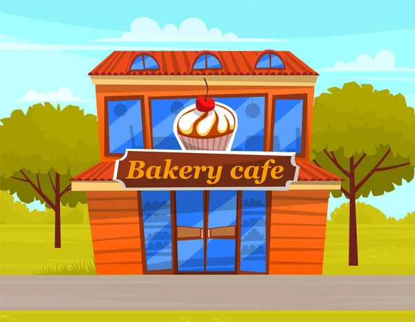 Bakkerij Cafe Gebouw Gevel Met Bord Cupcake Bakkerij Koffie Brood — Stockvector