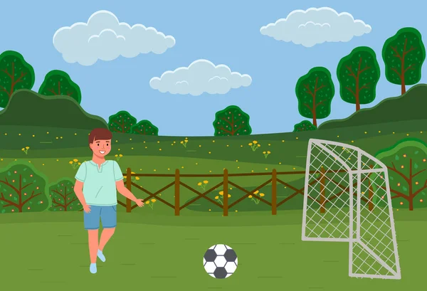 男は現場でサッカーをする ゴールを決めるためにボールの後を走る子供 試合中はボールの後を走る男性キャラクター 少年は勝つためにサッカーをする サッカーはスポーツ アウトドア活動に従事しています — ストックベクタ