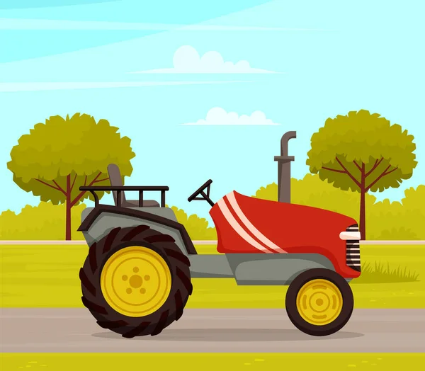 Kör Traktor Väg Nära Äng Naturlandskap Körning Röd Traktor Jordbruksmotor — Stock vektor