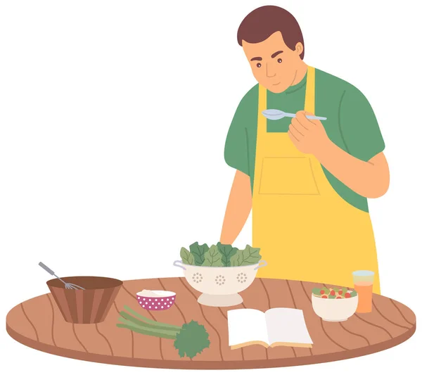 Homme Étudie Seul Cuisine Personnage Masculin Préparant Une Salade Végétarienne — Image vectorielle