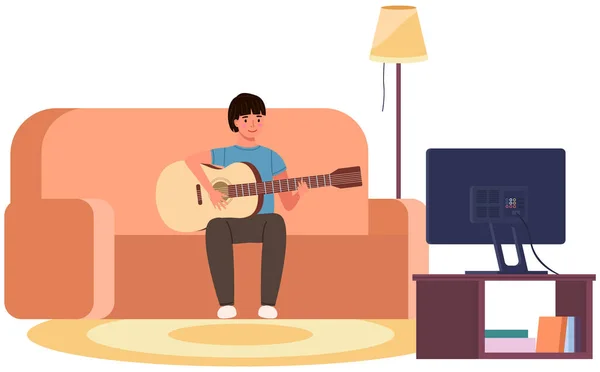 Erkek Karakter Evde Gitar Çalıyor Adam Müzik Aletleriyle Kanepede Oturuyor — Stok Vektör