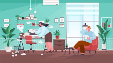 Confusion and mess. Stressed man office worker spreading papers. Tired confused worker sits at table and scaredly holding his hand over his head. Home office workplace with computer and chaos