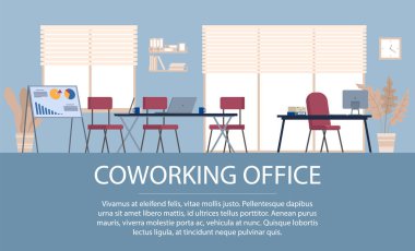 Ortak çalışma alanı iç mekan. Modern boş ofis çalışma yerinin tasarımı ön görüş masası, sandalye, bilgisayar, kitap rafı, panoramik pencere. Çalışanların işyeri, açık ofis çalışma alanı, toplantı odası