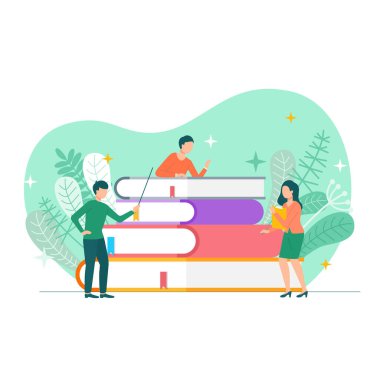 Küçük insanlar kitap severler kitap okurlar. Otururlar, uzanırlar ve dev kitapların yanında dururlar. Kitap mağazası ya da kütüphane temalı konsept. Uzaklık öğrenimi ve öz eğitim, ilgi alanları ve bilgi