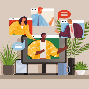 Video conference, converse via video call. Group of people on computer screen talking with colleague. Video conferencing and online communication concept. Virtual work meeting and videoconferencing