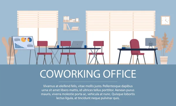 内部的合作空间 现代写字楼的设计 写字台 全景窗 雇员工作场所 开放的办公空间 会议室 — 图库矢量图片