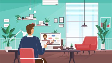 E-learning, online education, home schooling. Modern workplace, teacher on laptop screen, man student watching online webinar in home office. Web courses or tutorials concept. Education vlog