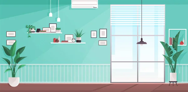 インテリアデザインリビングルーム 人のいない普通の家の家具 装飾アクセサリーやインテリア要素と壁に植物 ハンギングランプ 緑の壁に大きなパノラマウィンドウ — ストックベクタ