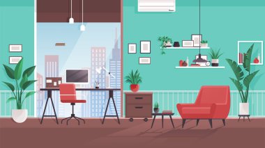 Interior design living room. Furniture in regular home with no people. Plants, chair, chest of drawers, shelf on wall and interior elements. Armchair red fabric. Hanging lamp, window on green wall