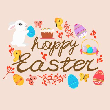 Paskalya posteri ve paskalya yumurtalarıyla birlikte afiş şablonu. Paskalya Günü 'nde tavşanlı hediyeler. Mutlu Paskalyalar için tanıtım ve alışveriş şablonu. Tebrik kartı. Bahar tatili