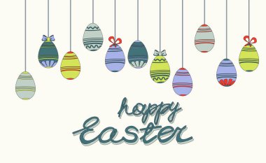 Paskalya posteri ve süspansiyonlu Paskalya yumurtaları. Paskalya Günü için düzleştirilmiş selamlar ve hediyeler. Mutlu Paskalyalar için tanıtım alışveriş şablonu. Tebrik kartı. Bahar tatili