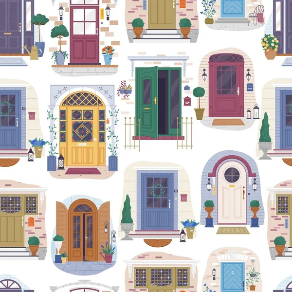Ensemble Différentes Entrées Maison Porches Portes Fermées Entrées Appartements Avec — Image vectorielle