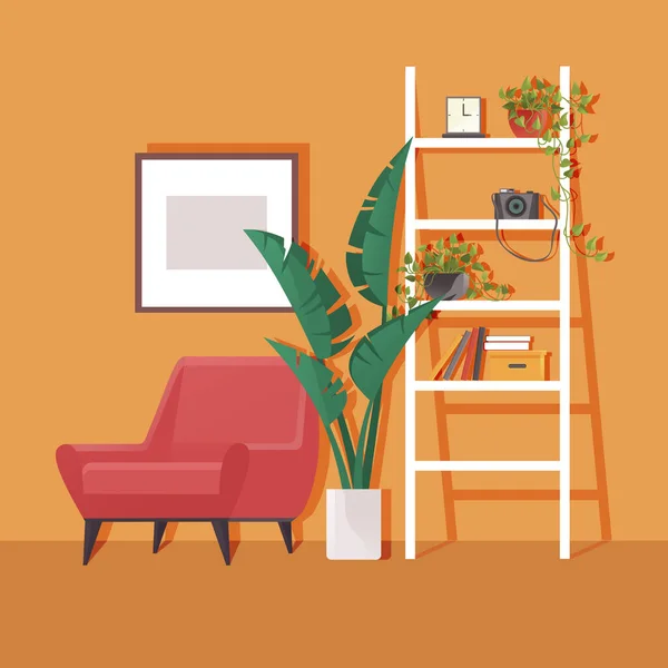 Oturma Odasının Içinde Koltuk Askı Saksıda Bitkiler Var Ofis Dekorasyonu — Stok Vektör