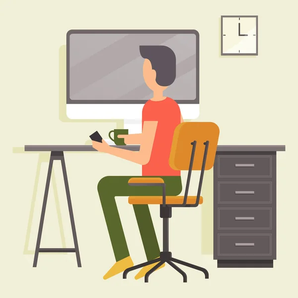 家で働いてる フリーランサーの男が自宅でコンピュータに取り組んでいる オンライン研究 リモートワーク フリーランス Eラーニングの概念は 自宅のオフィスから 机の上の椅子に座る者 — ストックベクタ