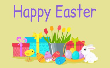 Paskalya posteri ve afiş şablonu. Paskalya yumurtaları ve sarı arka planda laleli şirin tavşan. Paskalya Günü için geleneksel niteliklerle selamlar ve hediyeler. Uluslararası bahar tatili