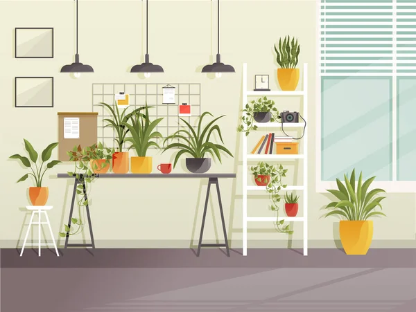 Oturma Odası Dekorasyonu Apartman Veya Ofis Dekorasyonu Mobilya Bitkileriyle Modern — Stok Vektör