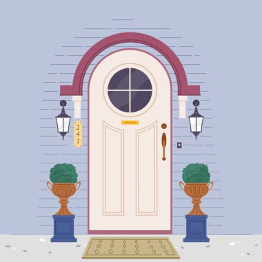 Kulübenin ön cephesi sokaktan, ev yapımı gri tuğladan dış görünüş kapısı pencereli kapı, kapı eşiğinde çiçek tarlalarında bitkiler, fayanslı patika. Dairelerin girişleri. Ofis kapısı.