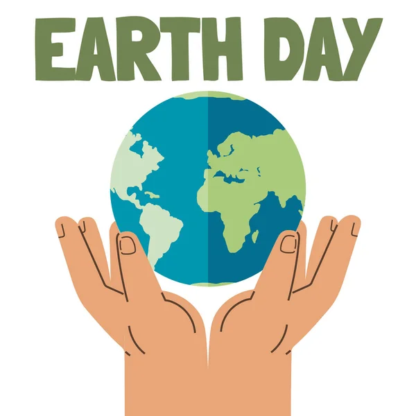 地球を救え 地球を保持する手 ポスターのアースデイのコンセプト 緑の植物の芽を持つ球 世界の海と大陸を持つ惑星 生態系への配慮の象徴 — ストックベクタ