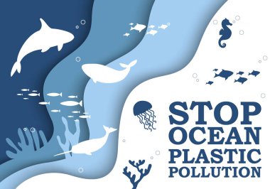 Okyanus plastik kirliliği pankart tasarımı şablonunu kağıt kesim stilinde durdurun. Deniz yaşamı ve balıklar denizde yüzer. Deniz yatağı resifi, mercan resifinde dalgalar halinde balinalar. Mavi arkaplanda ekolojik problem posteri