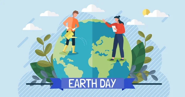 私たちの惑星地球 生態系環境保護 気候変動 地球の日4月22日 葉のベクトルのエンブレムを持つ惑星を保存します 地球と植物とのエコライフスタイルの提示 — ストックベクタ