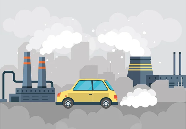 工厂或工业厂房和汽车与吸烟的烟囱 空气中的烟雾 废物污染 生产厂家的预告片 石油钻机和工业运输 废气车污染环境 — 图库矢量图片