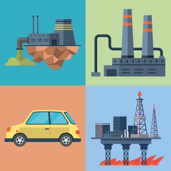 工場や工場の建物 廃棄物パイプ 技術汚染との協力 製造工場価格 石油リグと産業輸送 排気ガス車の汚染環境 — ストックベクタ