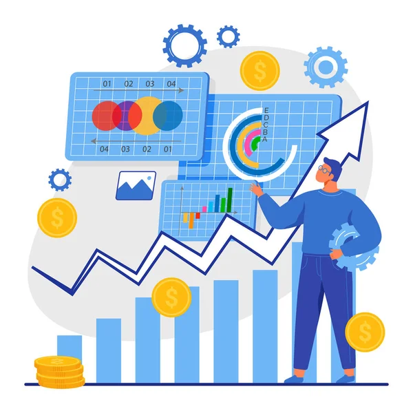 Business Data Analysis Konzept Man Financier Marketer Analysiert Wachstumstabellen Steigerung — Stockvektor