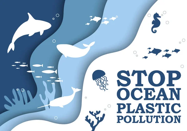 Stop Oceaan Plastic Vervuiling Banner Ontwerp Template Papier Gesneden Stijl — Stockvector