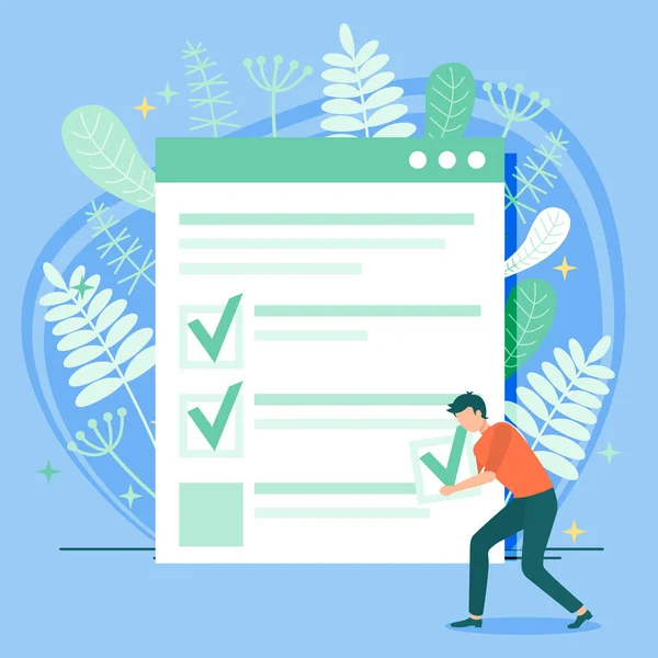 stock vector Survey, paper checklist, paperwork, man pointing with hand to data on clipboard. Working with information, analytics. Sheet of paper, document, checklist with check marks. To do list on tablet