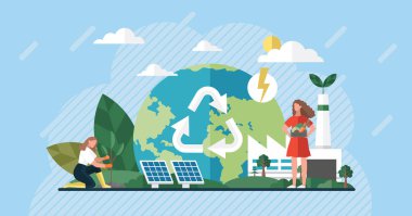 Temiz enerji. Yenilenebilir yeşil enerji kaynakları. Yenilenebilir kaynaklardan gelen temiz elektrik enerjisi güneş rüzgarı. Geri dönüşüm. Güneş panelleri ve rüzgar türbinleri olan elektrik santrali binaları. Yeşil şehir. Gezegeni Kaydet